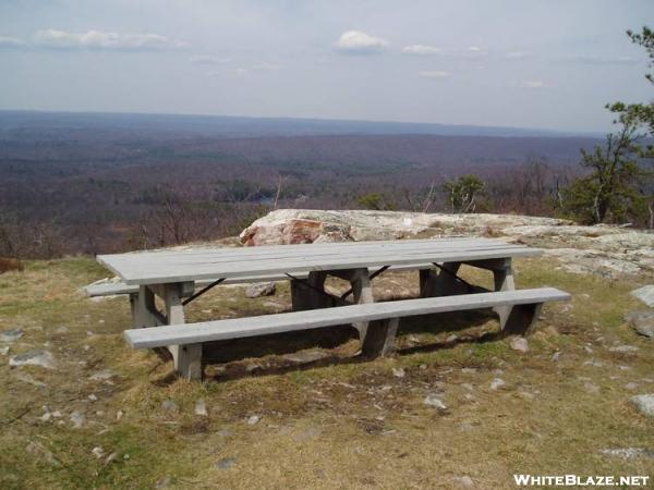 picnic table underneath fire tower