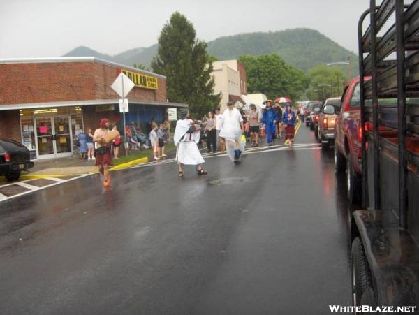 Hiker Parade starting during a downpour