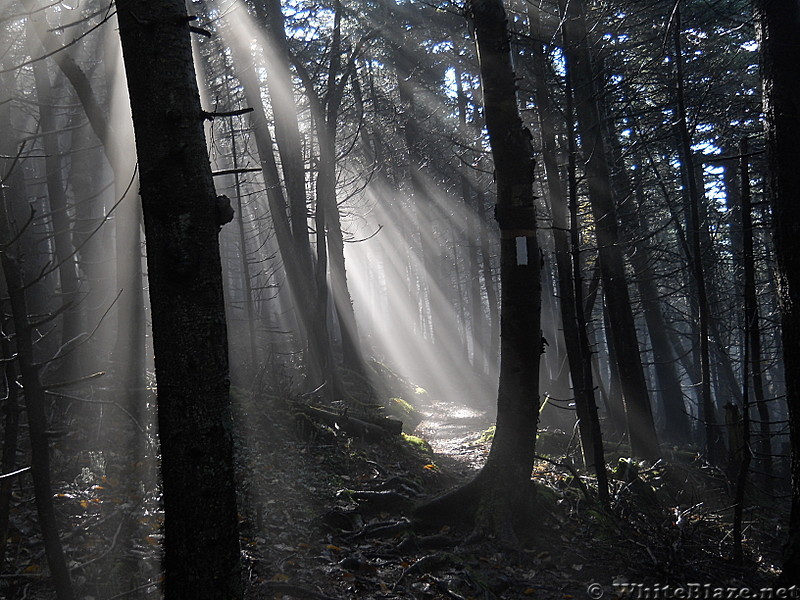 Sun breaking through fog on Killington massif