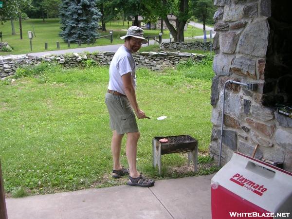 Cookerhiker tending the burgers