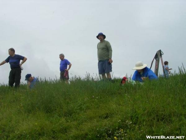 Stretching after lunch on Big Bald