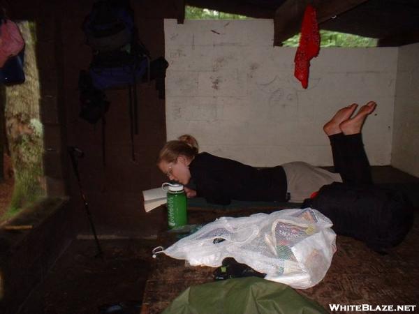 Princess Leah reads her book at No Business Knob Shelter 29JUL2005