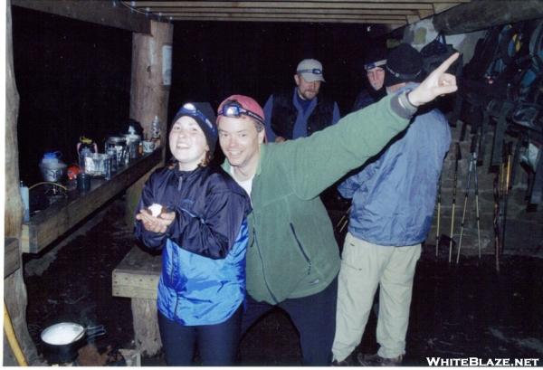 Swiss Miss with Weatherman in Peck's Corner Shelter in the Smokey Mtn's